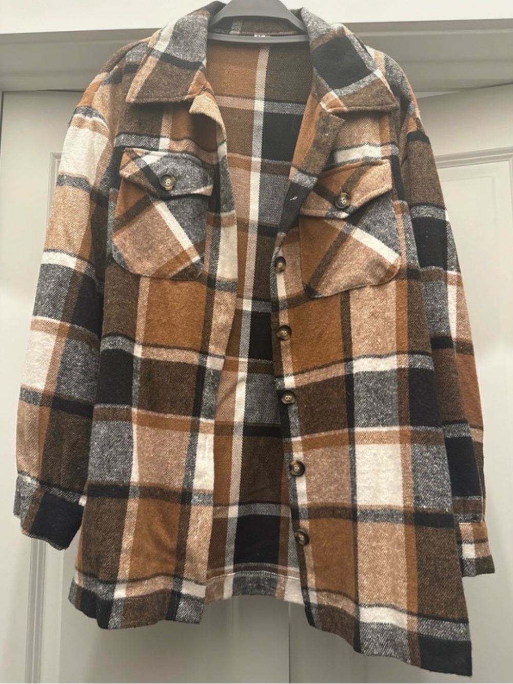 Women's Plaid Utility Shacket Jacket - Brown Multi